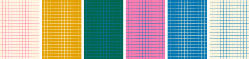 Vertical banner templates set for back to school education concept. Colorful notebook pages, sheets and colored graph grid paper with vintage texture. Modern retro vector illustration with copy space