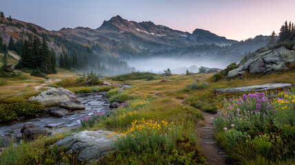 深い霧に包まれた朝焼け山岳風景