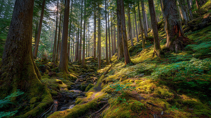 Obraz premium 光降り注ぐ古代温帯雨林の深遠なる神秘