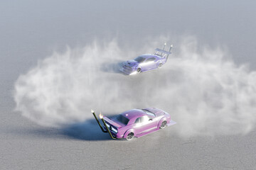 ピンク色と青色の2台の改造車でドーナツターンとドリフトするイメージ
