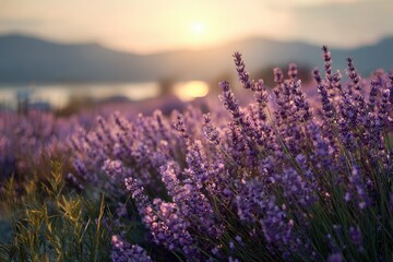 Lavender blooms at sunset, landscape background, used for aroma therapy or relaxing ad