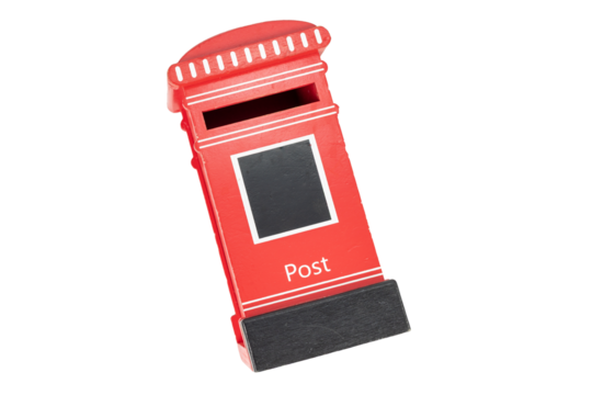 Red Toy Postbox on White Background with Copy Space.