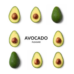 Grid of Whole and Halved Avocados with Pits isolated on the white background with copy space