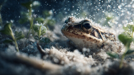 Obraz premium Frozen frog in nature cold environment shows miracles of survival and beauty in icy landscape with delicate snowflakes around