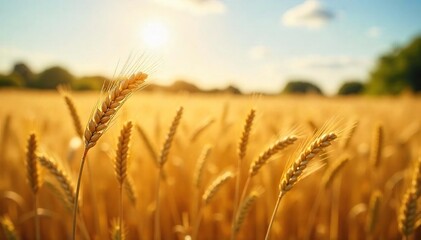 Naklejka premium Golden wheat swaying gently in the summer sun, ready for harvest A picturesque scene of rural abundance and agricultural bounty , harvest season, beautiful, landscapes