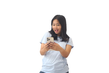 Young Asian Woman Looking Excited at Smartphone Against White Background
