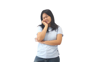 Young Asian Woman Holding Cheek in Pain Expressing Discomfort on White Background