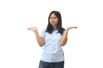 Confused Young Asian Woman Shrugging Shoulders in Casual Clothes on White Background