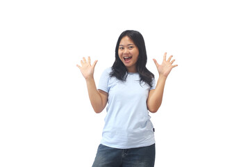 Excited Young Asian Woman With Surprised Expression on Isolated White Background