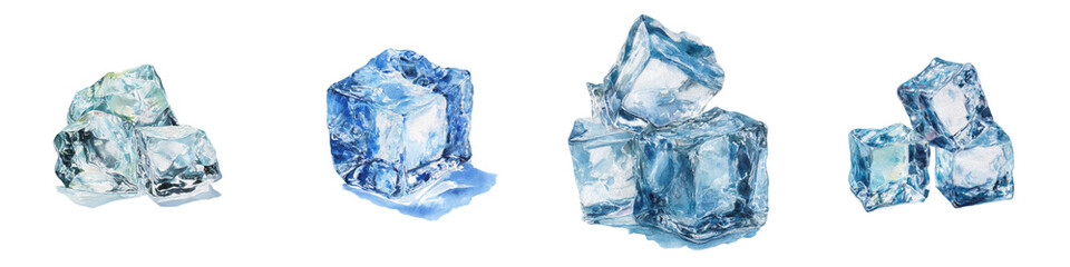 Obraz premium Watercolor Ice Cubes Set Isolated on White Background, Realistic Style