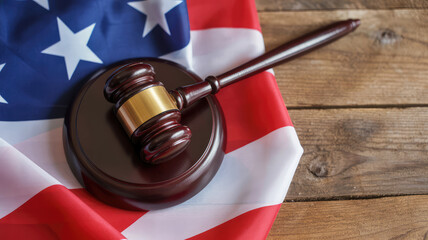 Symbol of Justice: A detailed shot, the gavel, perched atop the American flag, symbolizes law, justice, and the foundational values of a nation.