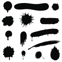 Collection of black ink splatters and brush strokes with dripping effects isolated on a white background. Ideal for use in grunge-style branding, abstract art, graphic design, typography