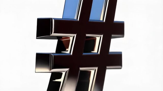 Chrome hashtag symbol casting reflections and light on a clean white background, symbolizing online trends and social media interaction
