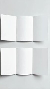 Two open blank white trifold brochures or leaflets on a light grey surface presenting a clean modern design for custom text or graphics