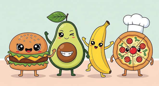Adorable Kawaii Food Friends Burger, Avocado, Banana, and Pizza - Powered by Adobe