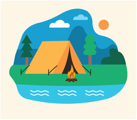 Abstract summer camp vector illustration with tent, campfire, forest, hiking, and nature. Outdoor vacation adventure concept for high school or family travel and recreation themes.

