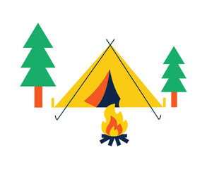 Abstract summer camp vector illustration with tent, campfire, forest, hiking, and nature. Outdoor vacation adventure concept for high school or family travel and recreation themes.

