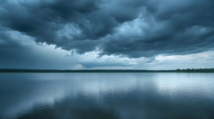 Obraz premium Stormy Lake Landscape with Dark Clouds and Reflections on Water surface during a rainy day