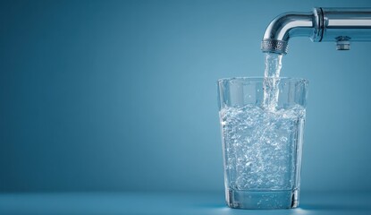 Refreshing Clarity: Pure water pours from a faucet into a glass, a symbol of purity and hydration.
