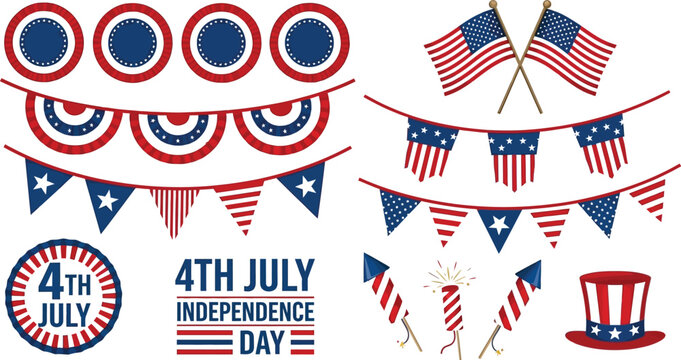 Illustration of patriotic decorations for fourth of july independence day celebration with flags and bunting