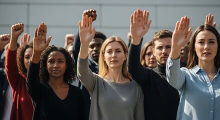 Diverse Crowd Raising Hands in Unity A Powerful Image of Collective Action