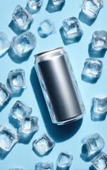 Refreshing silver can surrounded by melting ice cubes on a light blue background.