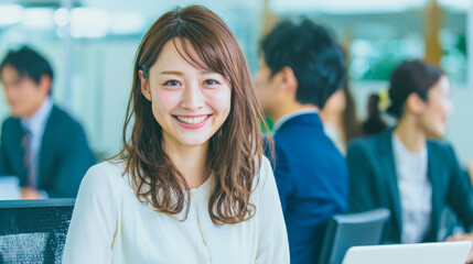 笑顔で働く若い女性社員のオフィス風景
