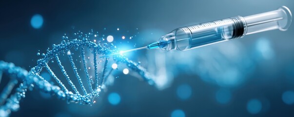 Scientific research concepts on longevity. A syringe injecting or interacting with a glowing DNA double helix strand in a futuristic, scientific setting.
