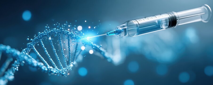 Scientific research concepts on longevity. A syringe injecting or interacting with a glowing DNA double helix strand in a futuristic, scientific setting.