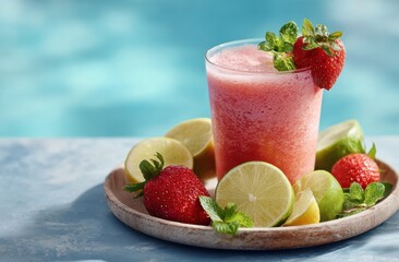 Refreshing Strawberry Lime Smoothie in a Glass, Garnished with Mint and Fruit Slices