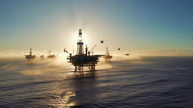 A vibrant sunset illuminates an offshore oil rig surrounded by calm ocean waters. Helicopters buzz around, supporting the ongoing operational activities at the rig site.