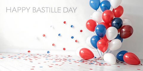 Happy bastille day celebration with red white and blue balloons and confetti