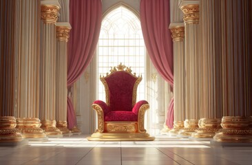 Regal Majesty: A Golden Throne Awaits in a Grand Hall of Pillars and Rich Fabrics