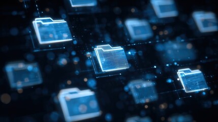 Abstract network grid with files and folders, futuristic software interface, digital document management system, store, search and organize documents, corporate business, paperless office	
