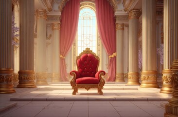 Regal Majesty: A grand throne awaits in a sunlit palace hall.