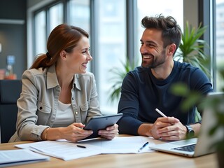 Colleagues collaborating and smiling at desk business people
