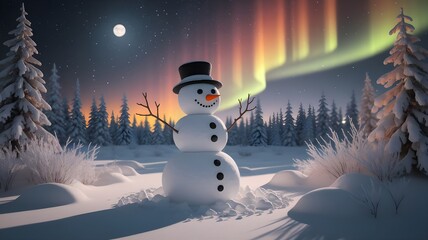 Fototapeta premium Snowman under the northern lights in a snowy lapland landscape