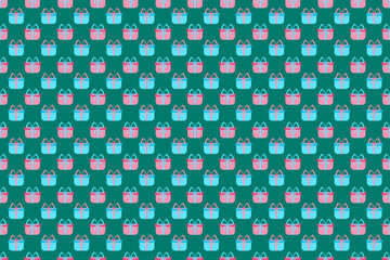 Pastel Seamless Pattern with Christmas Gifts, Pink gift, blue gift, pink bow, blue bow, green background, for wrapping paper, fabric, texture, background, backdrop, clothes  