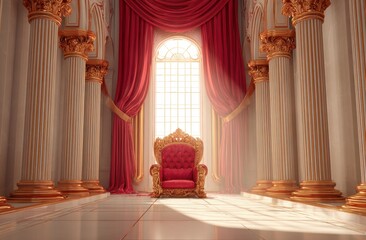 Regal Throne Room: A majestic throne awaits in a sunlit palace hall, bathed in golden light and rich fabrics.