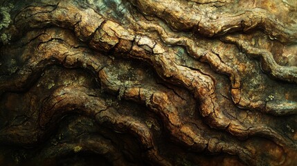 Close-up of an ancient tree trunk with deep, rugged bark, cracks, and moss, bathed in golden light
