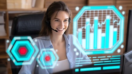 Young woman using headset while working on computer with virtual charts and graphs representing data analysis and support