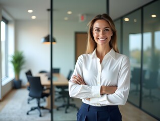Confident woman in white shirt and blue pants business office