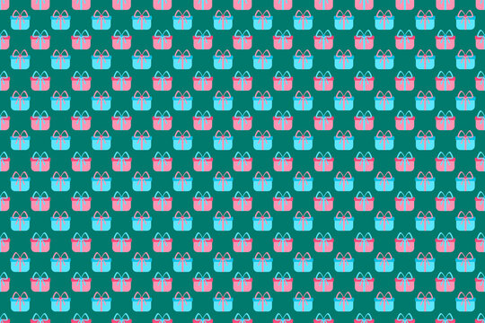 Pastel Seamless Pattern with Christmas Gifts, Pink gift, blue gift, pink bow, blue bow, green background, for wrapping paper, fabric, texture, background, backdrop, clothes  