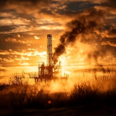 Fototapeta premium Industrial Oil Rig at Sunset with Dramatic Clouds and Smoke in an Expansive Landscape