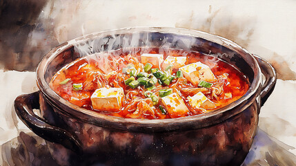 Steaming Hot Pot of Tofu and Vegetables A Watercolor Painting