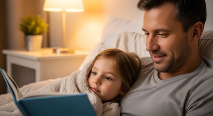 Father and Daughter Enjoying a Bedtime Story Under Soft Lighting