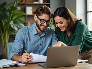 Couple working together on laptop office collaboration