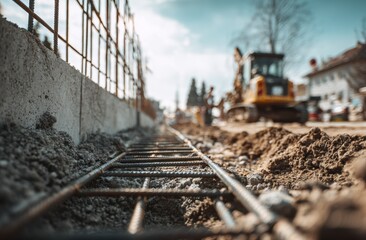 Reinforcement bars set in fresh concrete during a road construction project, a glimpse into urban development.
