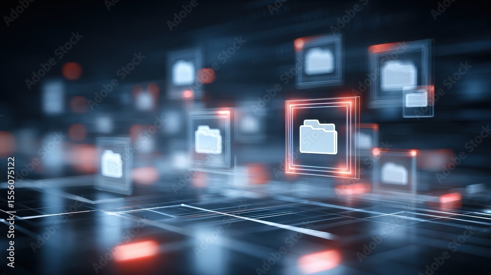 Poster abstract network grid with files and folders, futuristic software interface, digital document manage