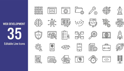 Web development icons, a set of editable outline symbols representing coding, APIs, and server technology with a modern design.